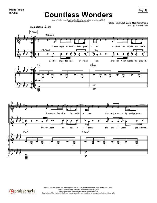 Countless Wonders Piano/Vocal (SATB) (Chris Tomlin)