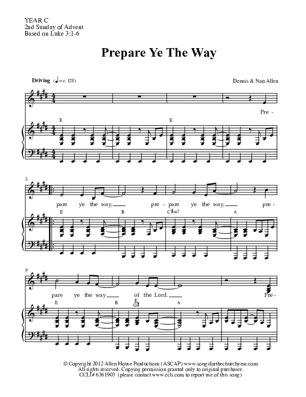 Prepare Ye The Way Piano/Vocal (Dennis Allen / Nan Allen)
