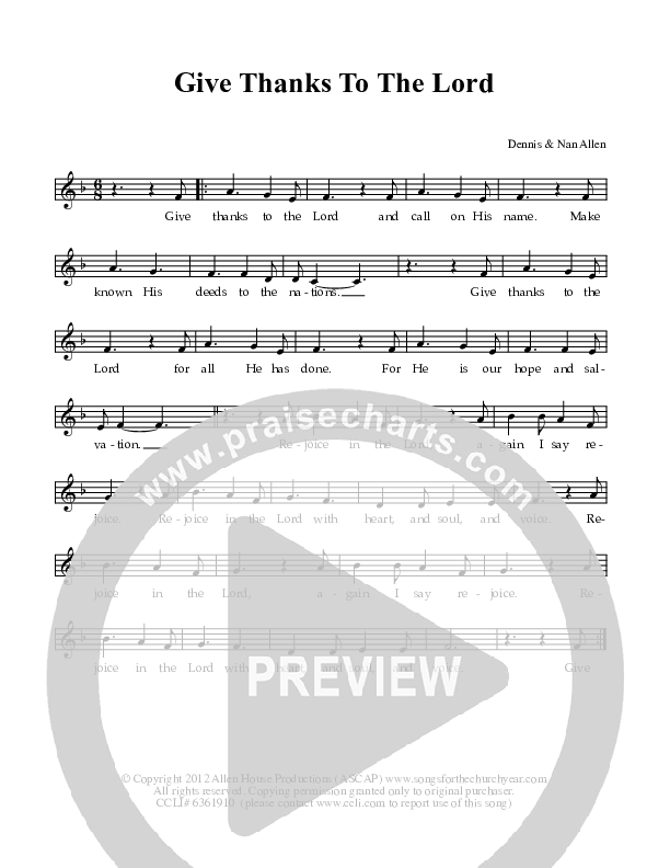 Give Thanks To The Lord Lead Sheet (Dennis Allen / Nan Allen)