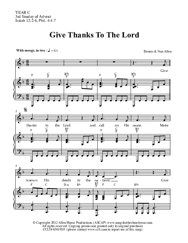 Give Thanks To The Lord Lead & Piano (Dennis Allen / Nan Allen)