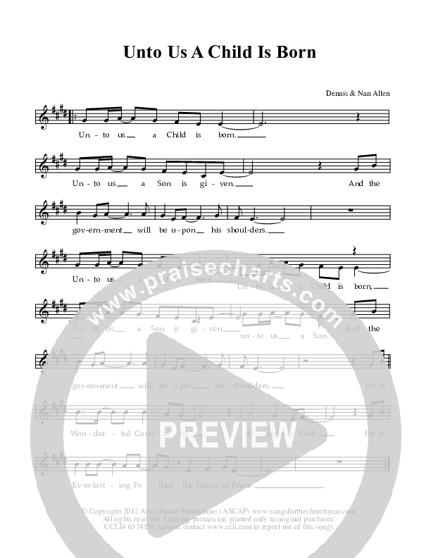 Unto Us A Child Is Born Lead Sheet (Dennis Allen / Nan Allen)