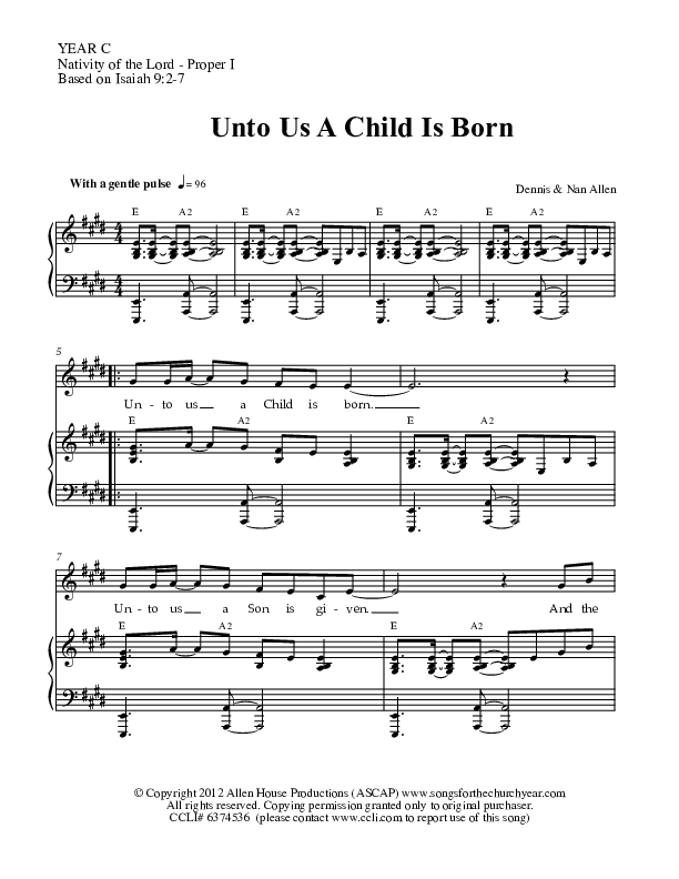 Unto Us A Child Is Born Piano/Vocal (Dennis Allen / Nan Allen)