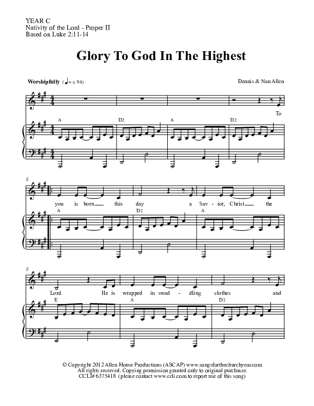 Glory To God In The Highest Piano/Vocal (Dennis Allen / Nan Allen)