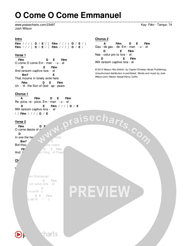 O Come O Come Emmanuel Chords & Lyrics (Josh Wilson)