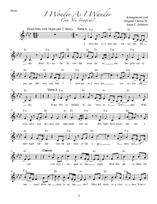 I Wonder As I Wander (with Can You Imagine) Lead Sheet (The Anna Johnson Band)