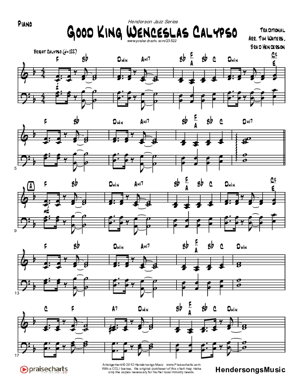 Good King Wenceslas Calypso (Instrumental) Piano Sheet (Brad Henderson)