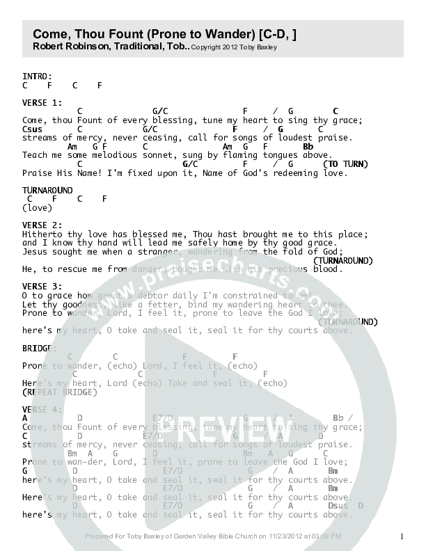 Come Thou Fount with Prone To Wander Chord Chart (Toby Baxley)