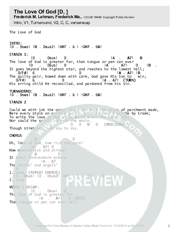 The Love Of God Chords & Lyrics (Toby Baxley)