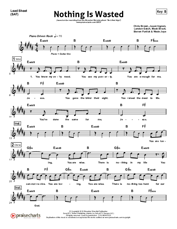 Nothing Is Wasted Lead Sheet (SAT) (Elevation Worship)