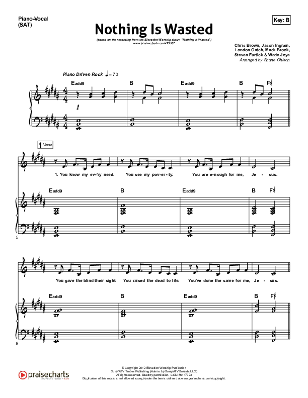 Nothing Is Wasted Piano/Vocal (SAT) (Elevation Worship)