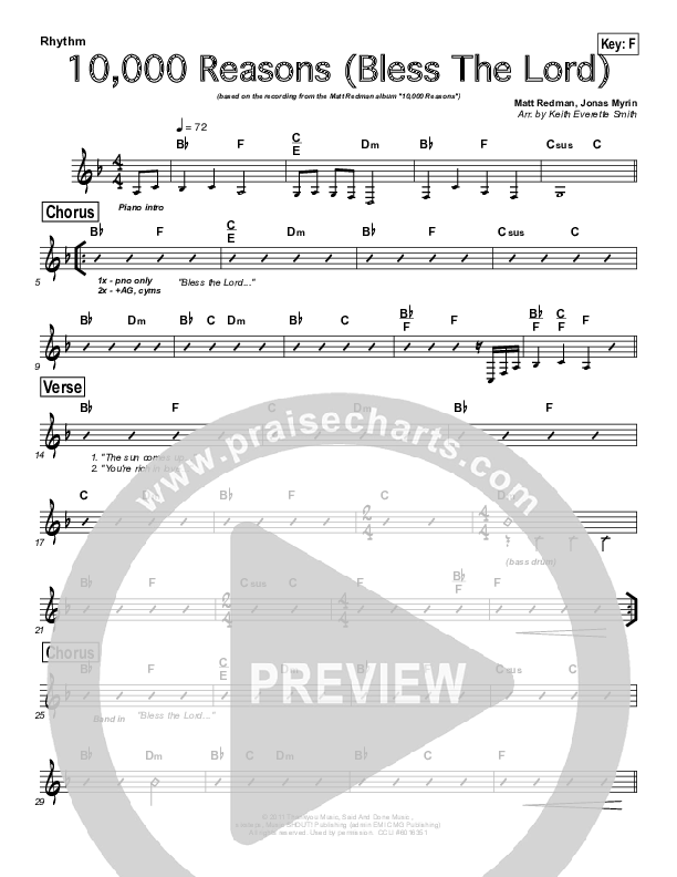 10,000 Reasons (Bless The Lord) (Instrumental) Rhythm Chart (Keith Everette Smith)
