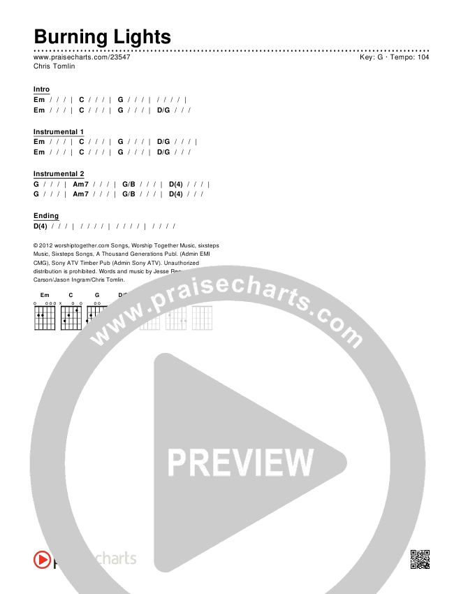 Burning Lights (Instrumental) Chords & Lyrics (Chris Tomlin)
