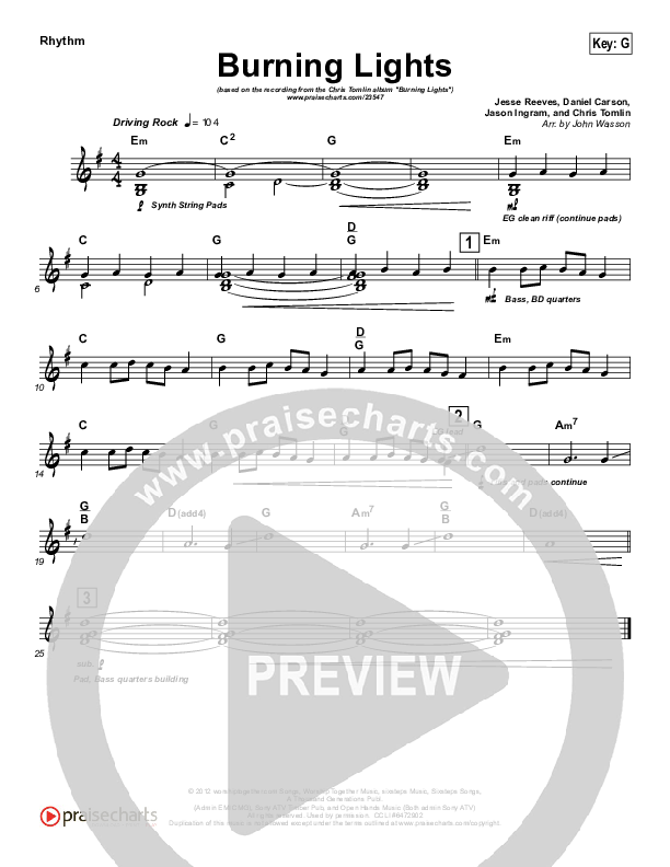 Burning Lights (Instrumental) Rhythm Chart (Chris Tomlin)