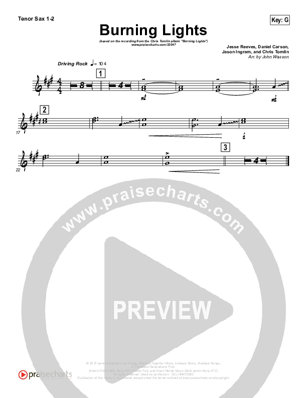 Burning Lights (Instrumental) Tenor Sax 1/2 (Chris Tomlin)