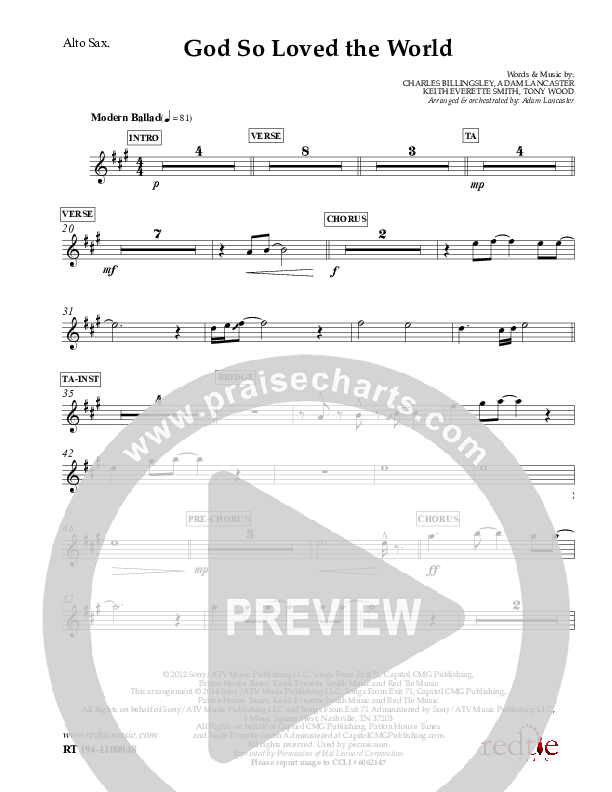 God So Loved The World Alto Sax (Charles Billingsley)