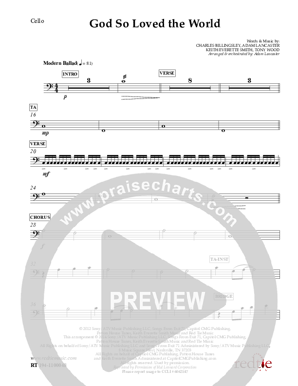 God So Loved The World Cello (Charles Billingsley)
