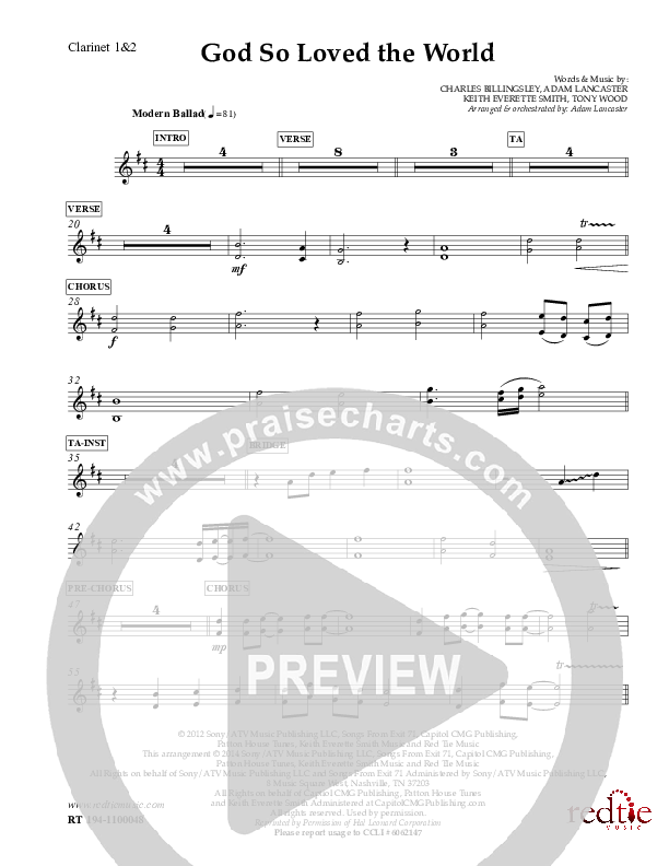 God So Loved The World Clarinet 1/2 (Charles Billingsley)