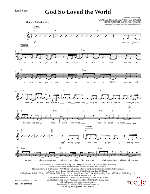 God So Loved The World Lead Sheet (Charles Billingsley)