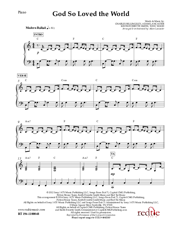 God So Loved The World Piano Sheet (Charles Billingsley)