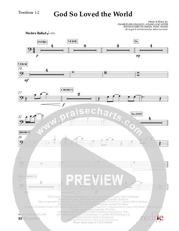 God So Loved The World Trombone 1/2 (Charles Billingsley)
