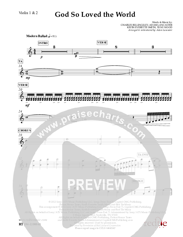 God So Loved The World Violin 1/2 (Charles Billingsley)