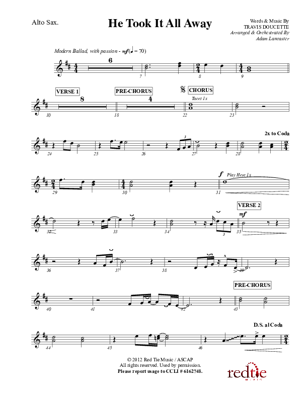 He Took It All Away Alto Sax (Charles Billingsley / Red Tie Music)