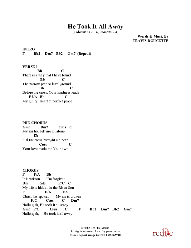 He Took It All Away Chord Chart (Charles Billingsley / Red Tie Music)