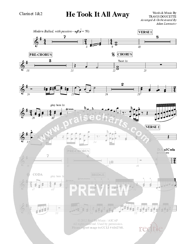 He Took It All Away Clarinet 1/2 (Charles Billingsley / Red Tie Music)
