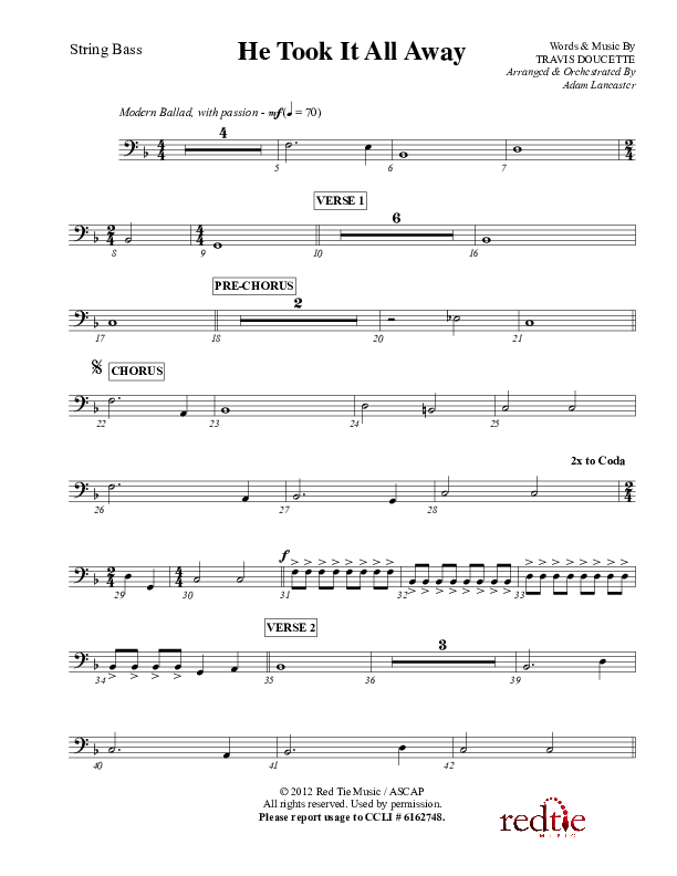 He Took It All Away Double Bass (Charles Billingsley / Red Tie Music)