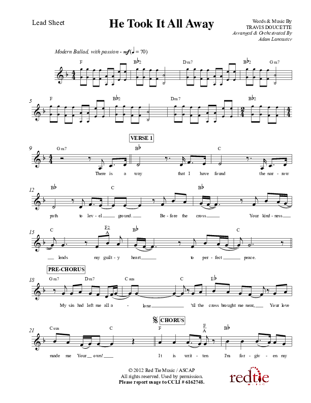 He Took It All Away Lead Sheet (Charles Billingsley / Red Tie Music)