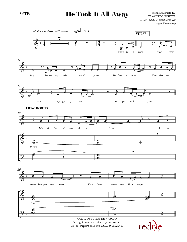 He Took It All Away Piano/Vocal (SATB) (Charles Billingsley / Red Tie Music)