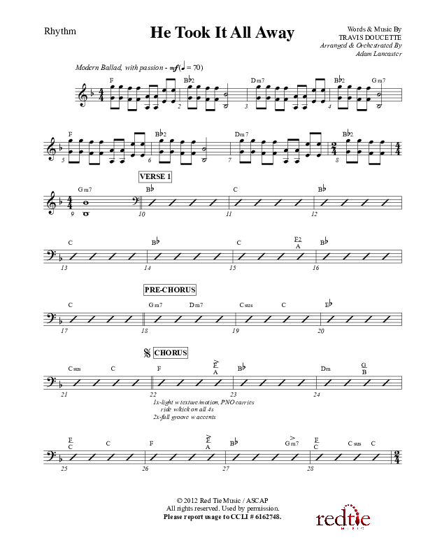 He Took It All Away Rhythm Chart (Charles Billingsley / Red Tie Music)