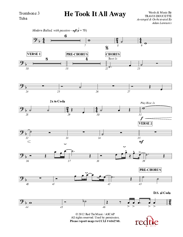 He Took It All Away Trombone 3/Tuba (Charles Billingsley / Red Tie Music)