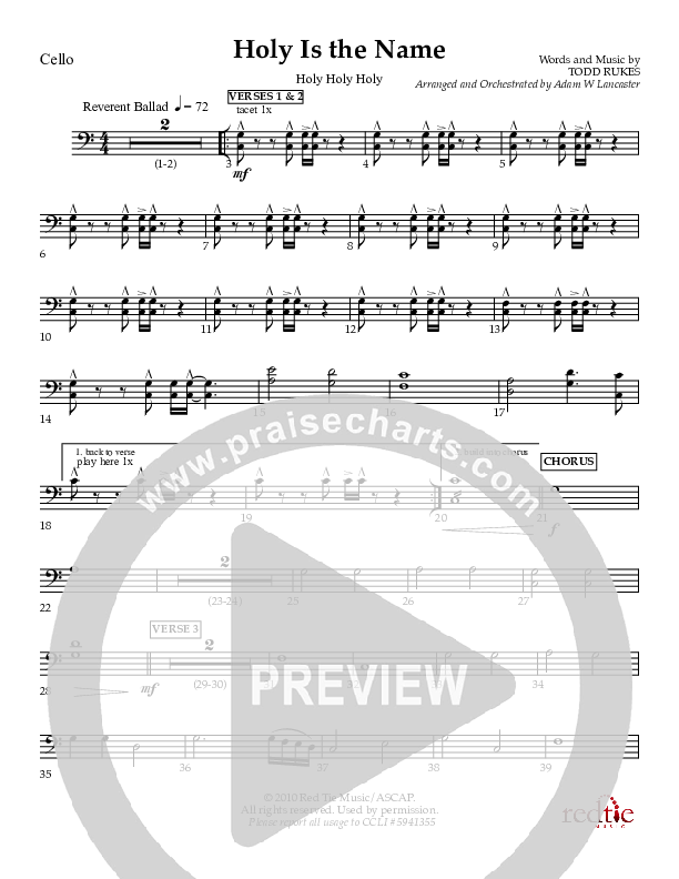Holy Is The Name (with Holy Holy Holy) Cello (Charles Billingsley / Red Tie Music)
