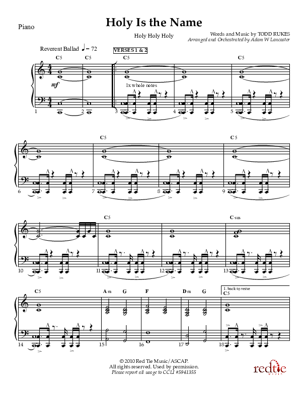 Holy Is The Name (with Holy Holy Holy) Piano Sheet (Charles Billingsley / Red Tie Music)