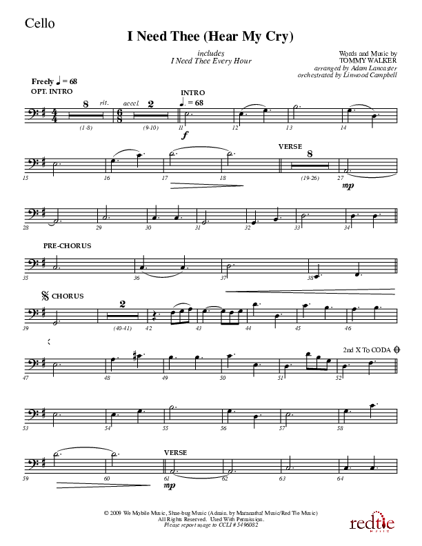 I Need Thee (Hear My Cry) Cello (Charles Billingsley)