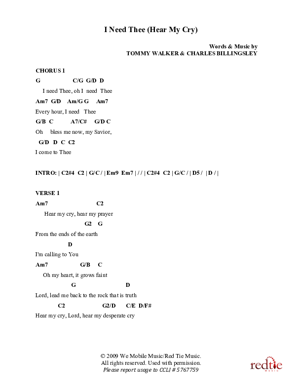 I Need Thee (Hear My Cry) Chords & Lyrics (Charles Billingsley)