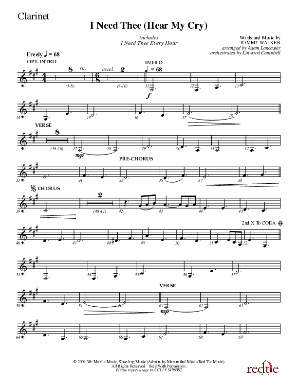 I Need Thee (Hear My Cry) Clarinet (Charles Billingsley)