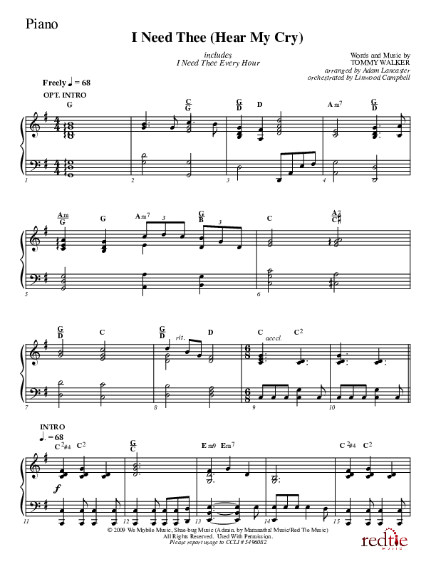 I Need Thee (Hear My Cry) Piano Sheet (Charles Billingsley)