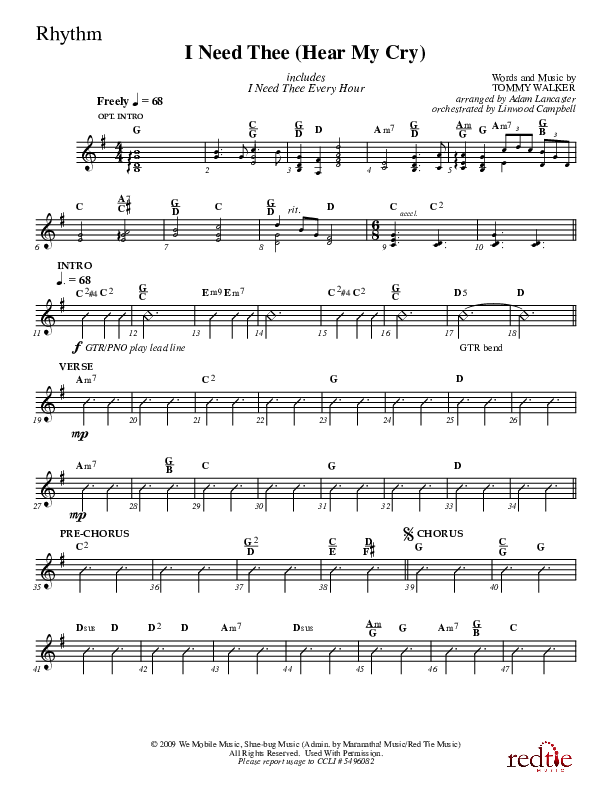 I Need Thee (Hear My Cry) Rhythm Chart (Charles Billingsley)