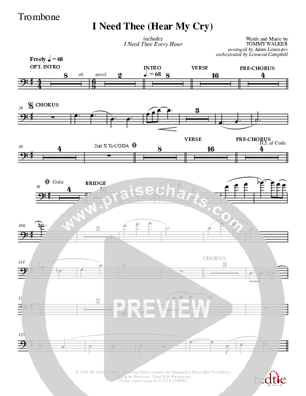 I Need Thee (Hear My Cry) Trombone (Charles Billingsley)