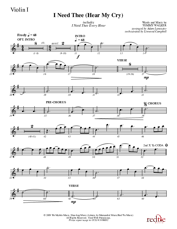 I Need Thee (Hear My Cry) Violin 1 (Charles Billingsley)