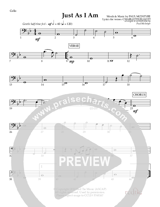 Just As I Am Cello (Red Tie Music)