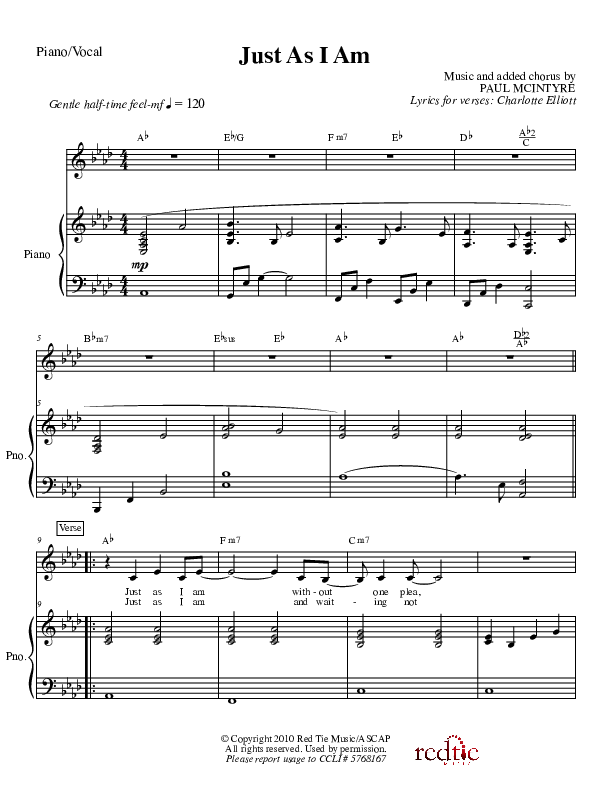 Just As I Am Piano/Vocal (Red Tie Music)