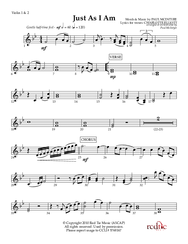 Just As I Am Violin 1/2 (Red Tie Music)