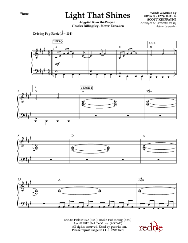 Light That Shines Piano Sheet (Charles Billingsley / Red Tie Music)