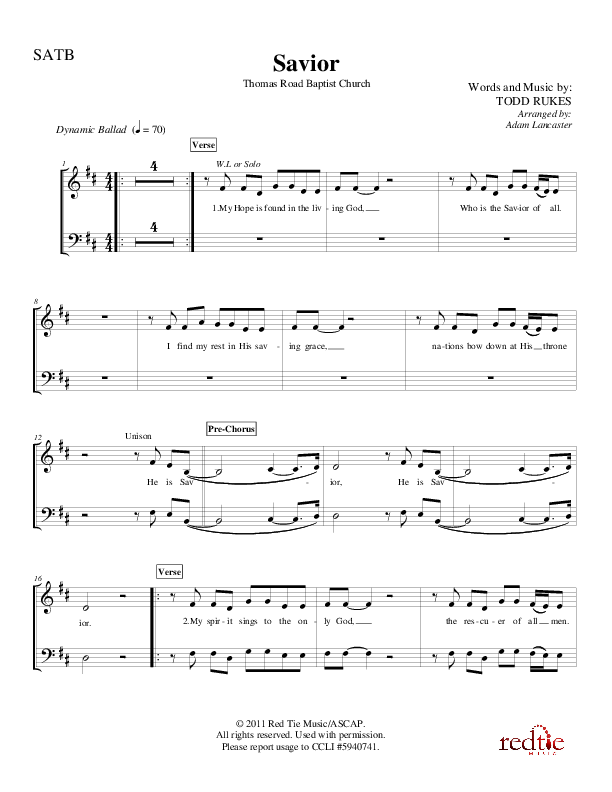 Savior Choir Vocals (SATB) (Charles Billingsley / Red Tie Music)