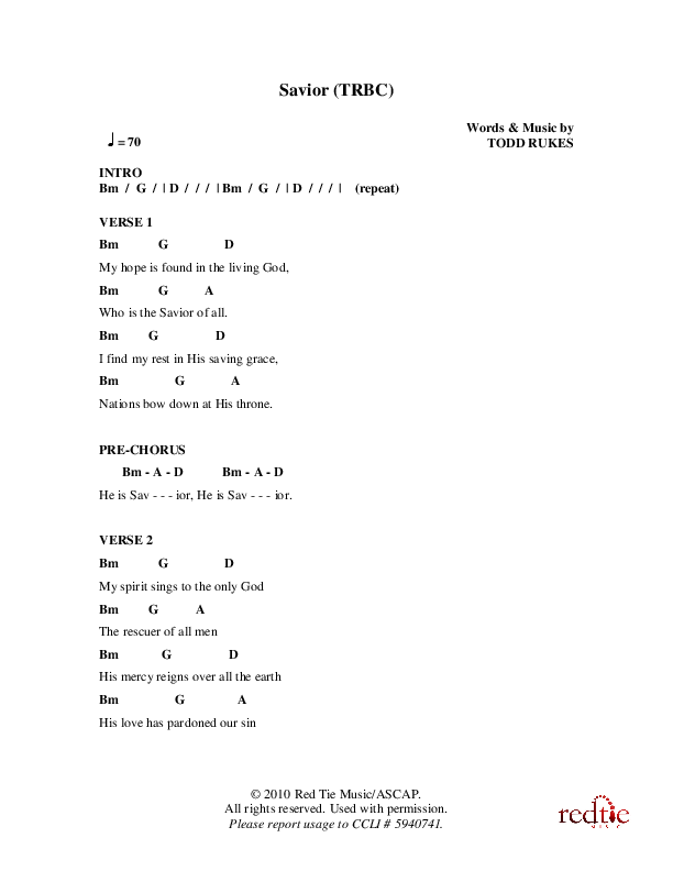 Savior Chords & Lyrics (Charles Billingsley / Red Tie Music)