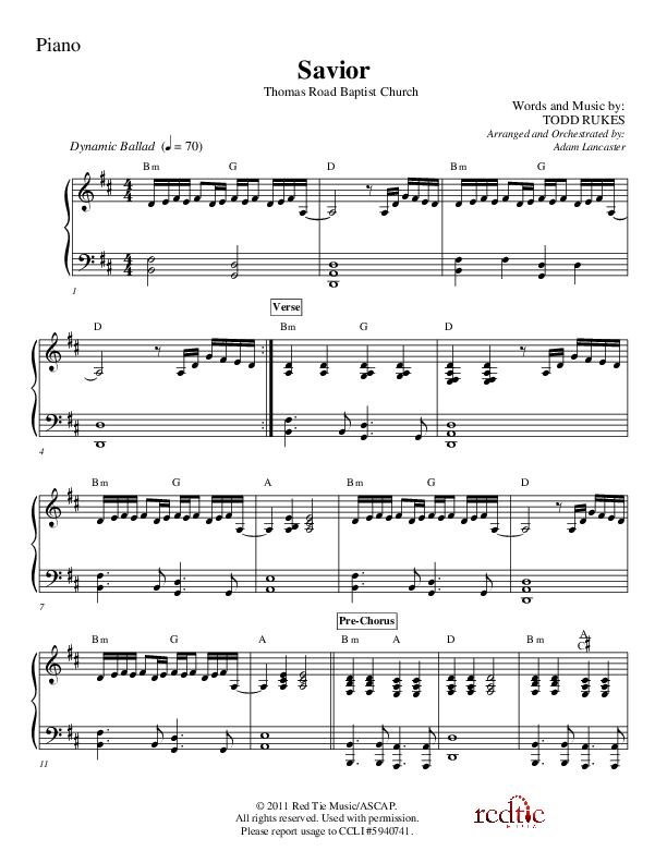 Savior Piano Sheet (Charles Billingsley / Red Tie Music)
