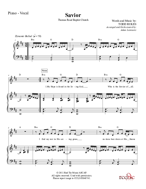 Savior Piano/Vocal & Lead (Charles Billingsley / Red Tie Music)